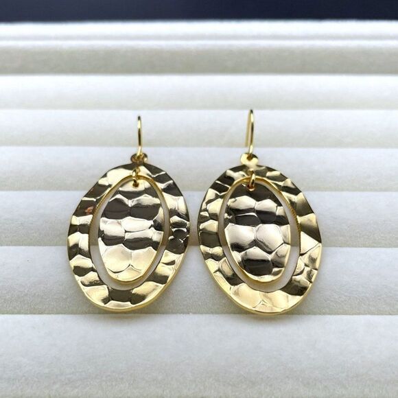 Yellow Gold Hammered Double Oval Shiny Dangling Drop Hook Earrings - Picture 4 of 8